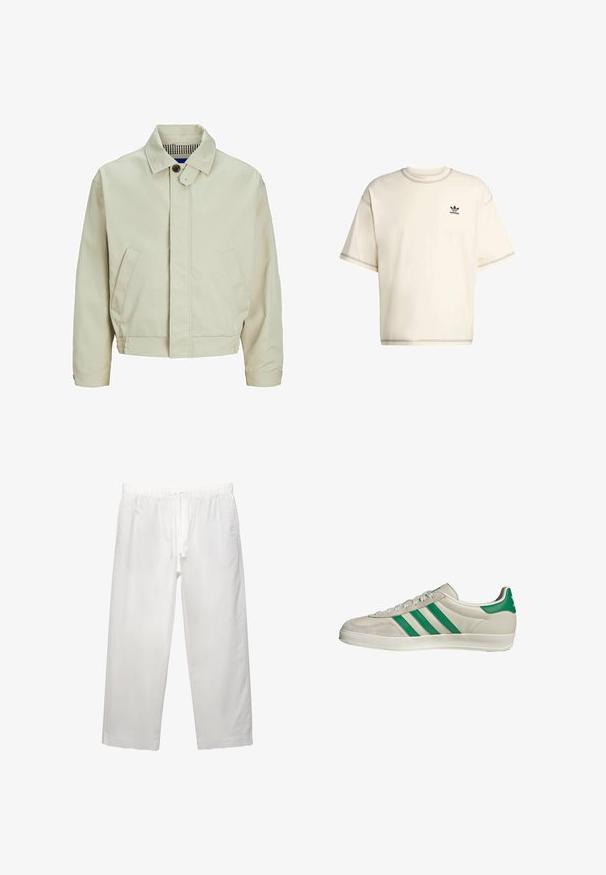 Giacca in cotone beige con colletto, chiusura frontale con bottoni e tasche laterali. Presenta un interno con texture a motivo scozzese.; T-shirt oversize color crema realizzato in cotone, con maniche corte, colletto rotondo e logo Adidas nero sul petto sinistro.; Pantaloni bianchi in lino con cintura elastica e cordoncino, design a gamba ampia e cuciture pulite. Texture liscia con vestibilità casual.; Sneaker beige con strisce verdi, con suola bianca e tomaia in pelle liscia. Vista laterale che evidenzia i dettagli dei lacci e il logo.