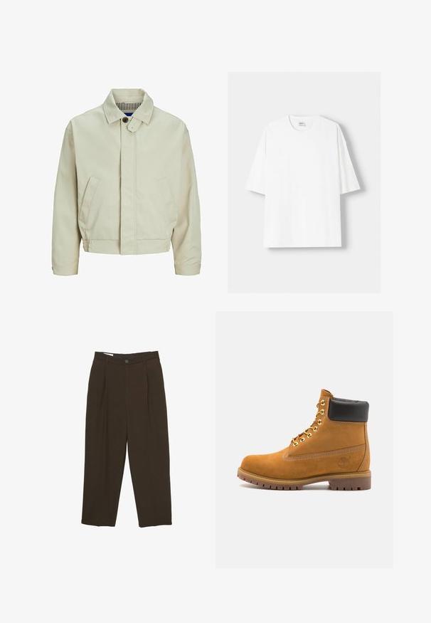 Beige bomulljacka med krage, knapp-upptill framtill och sidofickor. Har en texturerad insida med ett rutmönster.; Vit t-shirt med kort ärm, tillverkad av bomull, med rund halsringning och en avslappnad passform. Slät yta utan synliga mönster eller detaljer.; Mörkbruna skräddarsydda byxor med veck fram, bälteshällor och knäppning i midjan.; Tan mockasins ankelstövlar med svart vadderad krage, guldmetallöglor, vit sömdekor och slitstöt gummisula med utmärkta mönster.