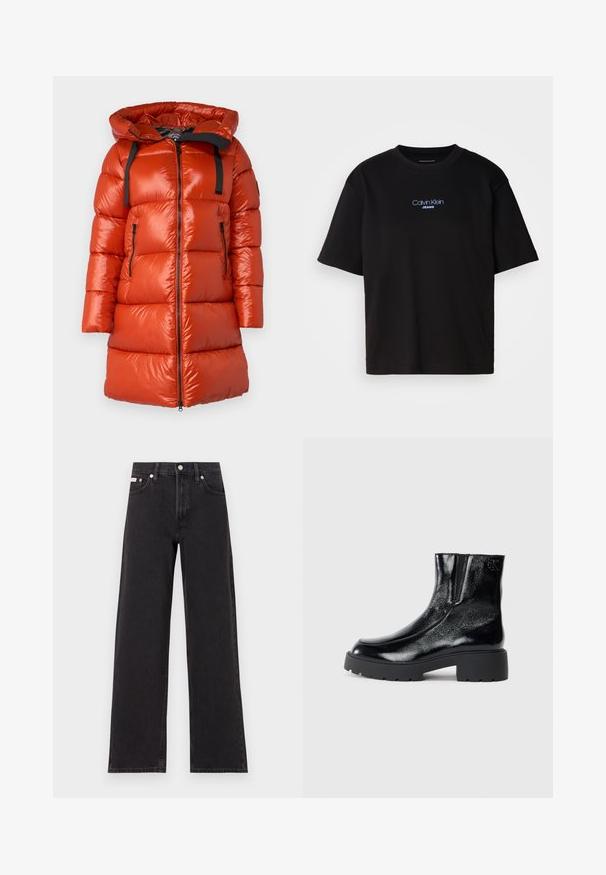 Punane puhvaarjakott läikiva viimistlusega, kapuutsiga ja mustade aktsentrihmadega. Sisaldab külgsete tõmblukkudega taskuid ja tõmblukk ees.; Mustmust särk ümmarguse kaelusega, lühikeste varrukatega ja sinise tikandiga "Calvin Klein JEANS" logo ees.; Mustad laiad mustad teksad, millel on kõrge vöökoht, viie tasku stiil ja metallist nööpkinnitus kontrastsete õmblustega.; Mustad mustad tossud läikiva patendi nahaga viimistlusega, jäme musta kummist tald ja kõrgendatud konts; sisaldab külgedel peent logodegust.