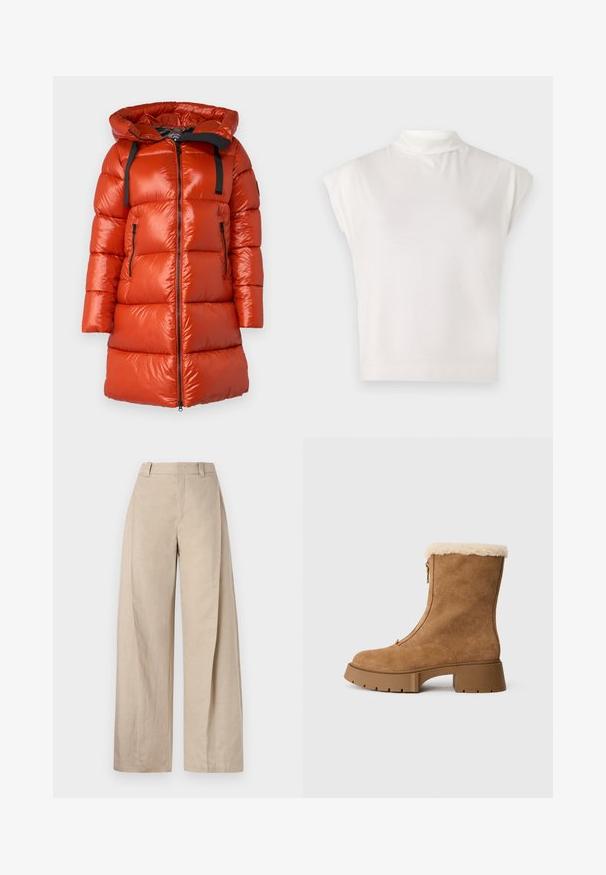 Abrigo cortavientos rojo con un acabado brillante, capucha y tirantes de acento negros. Cuenta con bolsillos con cremallera en los laterales y cierre frontal con cremallera.; Top blanco de cuello alto sin mangas, hecho de una tela suave, que presenta un diseño estructurado con una textura lisa y un sutil detalle de dobladillo acanalado.; Pantalones de lino beige de pierna ancha con cintura alta, que presentan una textura suave y líneas limpias, diseñados para un ajuste relajado.; Botín de ante marrón hasta el tobillo con un forro suave en crema, cremallera lateral y suela de goma gruesa. Presenta una textura lisa y puntera redondeada.