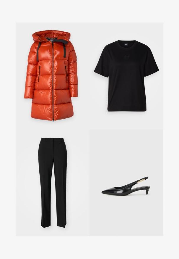 Röd puffjacka med en glänsande finish, huva och svarta accentband. Har sidofickor med dragkedja och dragkedjestängning fram.; Svart bomullströja med rund halsringning, korta ärmar och en broderad logotyp på bröstet. Enkel, avslappnad passform utan mönster.; Svarta skräddarsydda byxor med rak benform, med en slät yta och skarpa veck fram. Ingen synlig hårdvara.; Svart läder slingback-hälar med spetsig tå, med en smal klack och en guldtonad detalj på den justerbara remmen. Slät textur.