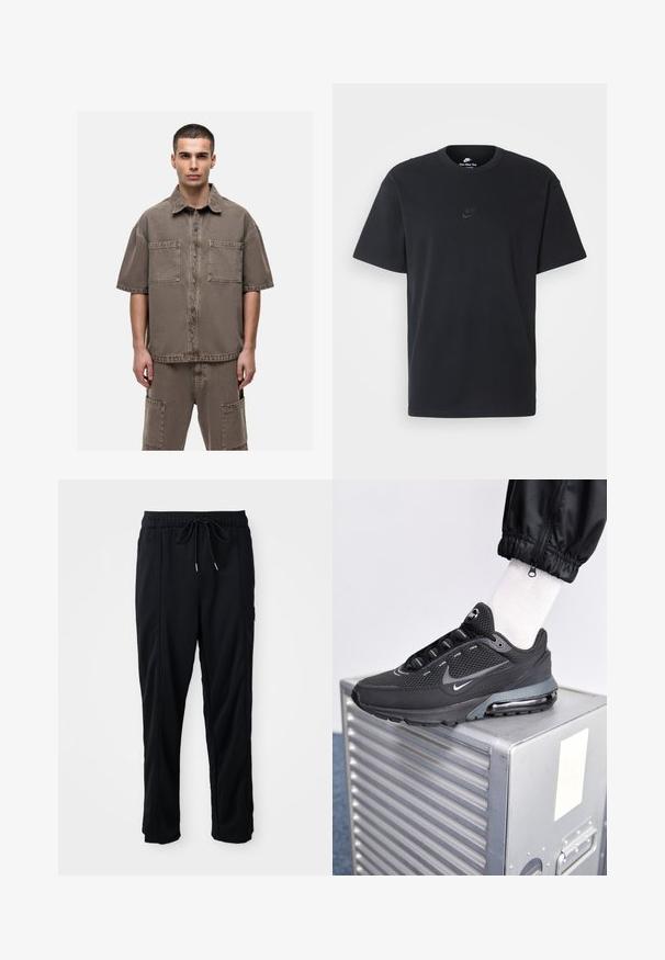 Brąsni koszula z denimu z krótkim rękawem z dwoma kieszeniami na piersi, z przodem zapinanym na guziki i luźnym krojem z widocznymi przeszyciami.; Czarny bawełniany t-shirt Nike z klasycznym okrągłym dekoltem, krótkimi rękawami oraz subtelnym, wytłoczonym logo na piersi. Gładka tekstura.; Czarne spodnie casualowe z gumką w pasie, z kieszeniami wszytymi po bokach i prostym krojem na jednolitym tle.; Nike Sportswear PULSE czarny