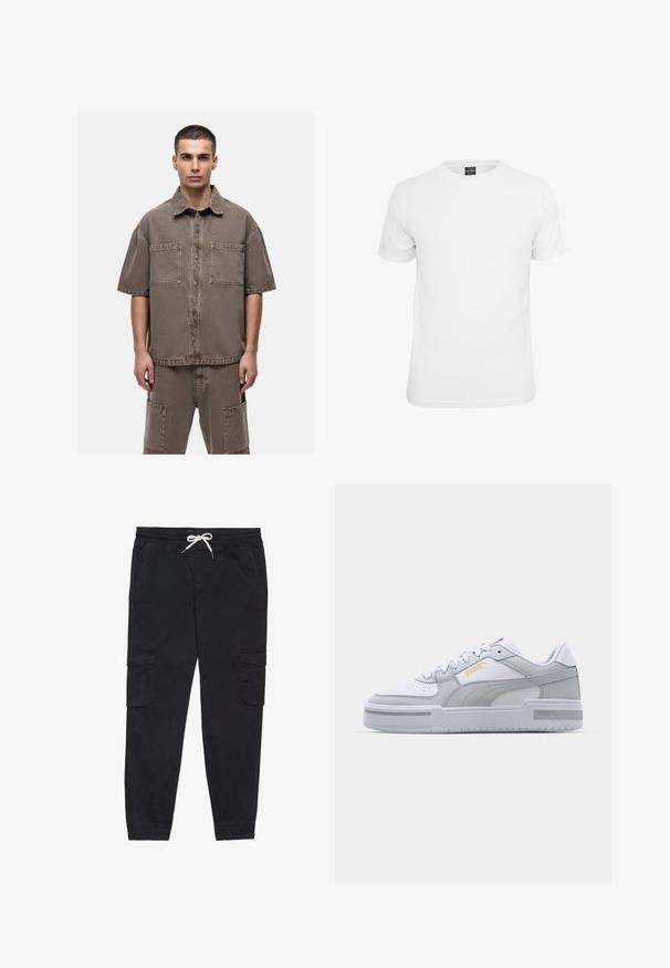 Korte mouwen, bruin spijkerhemd met twee borstzakken, een knoopsluiting aan de voorkant en een losse pasvorm met zichtbare stiksels.; Witte t-shirt met korte mouwen, gemaakt van katoen, voorzien van een ronde hals en een soepele textuur, ontworpen voor casual gebruik.; Zwarte cargobroek van katoen, met een elastische tailleband en een trekkoord, zijzakken en toelopende boorden.; Grijze en witte sneakers met een glad leren bovenkant, geperforeerde neus, vetersluiting, getextureerde accenten en een subtiele gouden logo.