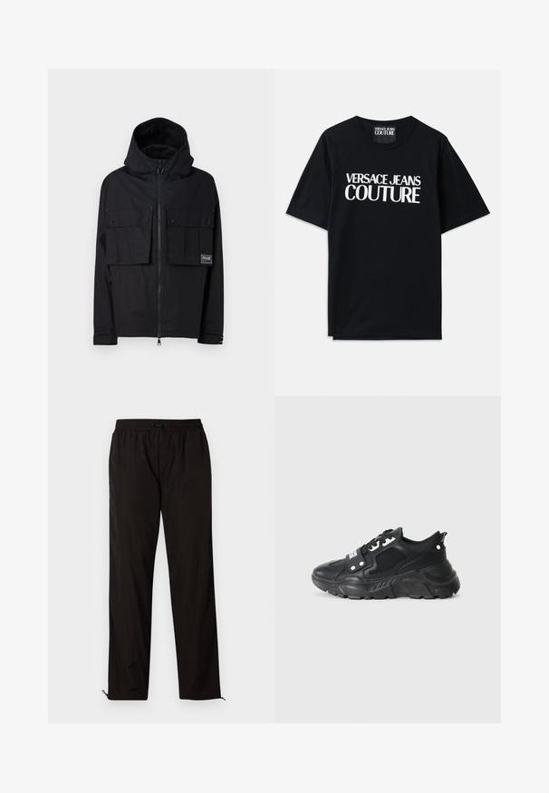 Crna vodootporna jakna s kapuljačom, prednjim zatvaračem, dva velika džepa na prsima i oznakom loga. Ima opušteni kroj i podesive manžete.; Crna pamučna majica s kratkim rukavima s velikim bijelim natpisom "VERSACE JEANS COUTURE" sprijeda. Klasični dizajn s okruglim izrezom.; Crne lagane hlače s elastičnim pojasom, zatvaranjem na vezicu i patentnim zatvaračima na rubovima za podesiv fit. Glatka, elegantna tekstura.; Crni atletski tenisice s teksturiranim mrežastim panelom, debelim gumeni potplat, kontrastnim akcentima i vezanjem. Ima stražnji povlačni trak.
