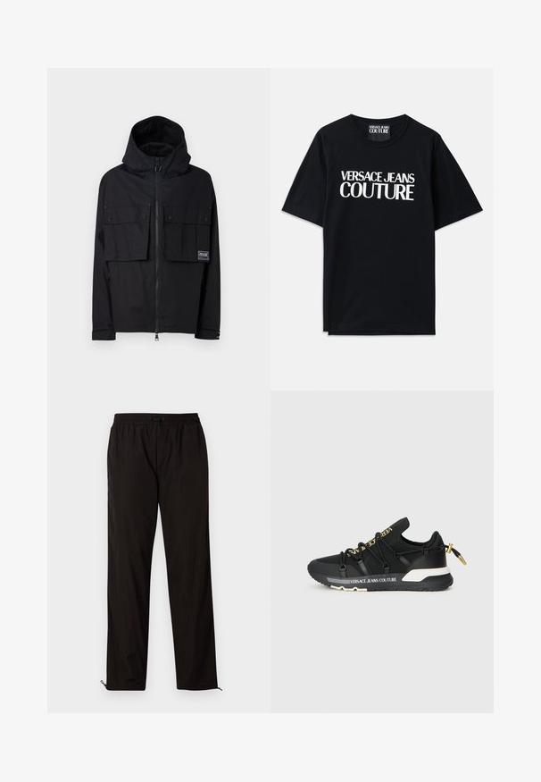Casaco preto impermeável com capuz, fecho de correr à frente, dois grandes bolsos no peito e logo. Apresenta um corte descontraído e punhos ajustáveis.; T-shirt de algodão preta com mangas curtas, apresentando um grande texto branco "VERSACE JEANS COUTURE" na frente. Design clássico de gola redonda.; Calças leves pretas com cintura elástica, fecho por cordão ajustável e bainhas com fecho de correr para ajuste. Textura suave e elegante.; Ténis de desporto pretos com um design elegante, apresentando uma marcação dourada, atacadores elásticos e uma sola texturizada com detalhes em branco.