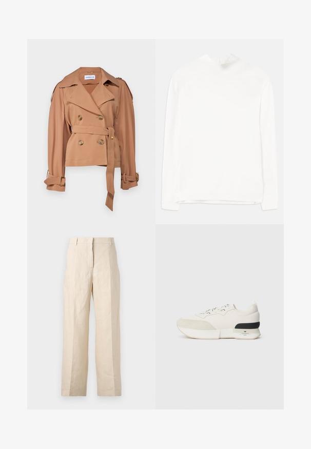 Marella DEODARA - Īss mētelis - cammello; Balta garu piedurknu blūze ar augstu kaklu, ribotu tekstūru un taisnu piegriezumu. Audums izskatās mīksts un gluds, bez redzamām rakstām.; Bežīgas lina bikses ar brīvu piegriezumu, krokām priekšā un taisnām kājām. Piedāvā jostu ar cilpiņām un bez redzamām kabatām.; Baltie kedas ar teksturētu zamšādu purngalu, gludu acu auduma augšdaļu, dekoratīvu auklu un melnu gumijas papēža akcentu.