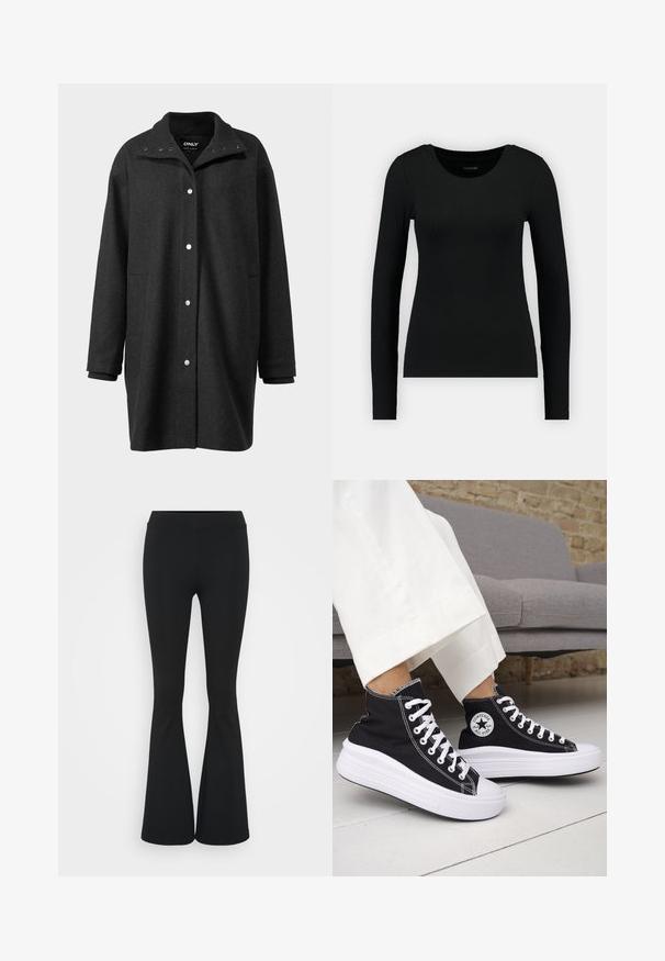 Mustaline villasegu nahkjope kõrge kraega, nööbipealne sulgemine ja soonikuvarrukad. Omab kahte küljetaskut ja lahedat, ülekaalulist lõiget.; Must mustärg pikkade varrukatega särk, mis on valmistatud ribakudumist. Omab ümmargust kaelust ja kehaõiget siluetti. Lihtne disain, ilma mustrite või aktsentideta.; Mustad flared püksid venivast kangast, kõrge vöökoht ja sile tekstuur. Püksid laienevad põlve kohalt.; Mustad kõrge säärega tossud valgete kummist tallade ja paeltega. Omad ümmargust logomärki ja kontrastset valget õmblust. Materjaliks lõuend.