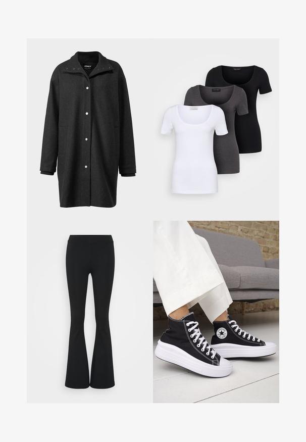 Črn plašč iz volnene zmesi z visokim ovratnikom, zapiranjem na ježka in rebrastimi manšetami. Ima dve stranski žep in sproščen, ohlapen kroj.; Tri prilegla majica v beli, sivi in črni barvi. Vsaka ima širok izrez na vratu in kratke rokave. Narejene so iz gladkega, raztegljivega materiala.; Črne hlače s širokimi hlačnicami, izdelane iz raztegljive tkanine, z visokim pasom in gladko teksturo. Hlače se širijo od kolena navzdol.; Črni visoki supergi z belimi gumijastimi podplati in vezalkami. Na njih je okrogel logotip in kontrastno belo šivanje. Iz blaga platna.