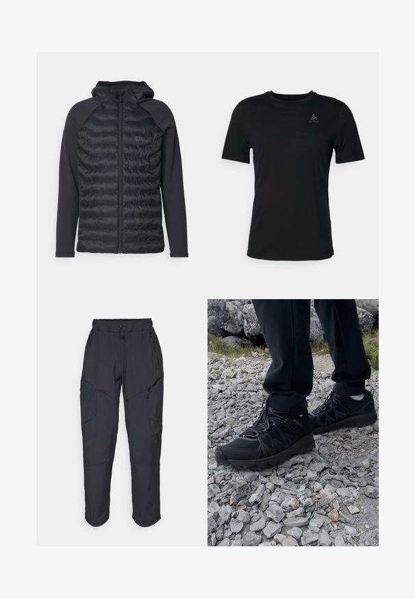 Black puffer jacket with a hood, featuring horizontal quilted panels, long sleeves, and a front zipper. Soft, stretchy fabric at sleeves.; Black t-shirt made from lightweight fabric, featuring a round neckline, short sleeves, and a small brand logo on the upper left.; Black cargo pants made from a lightweight, water-resistant material; features elastic waistband, multiple zippered pockets, and tapered legs.; Black outdoor shoes with mesh and synthetic material, featuring a textured upper, secured lacing system, and a rugged outsole, on rocky terrain.