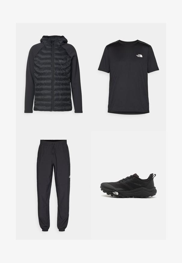 Svart pufferjakke med hette, med horisontale quiltede paneler, lange ermer og glidelås foran. Kjempebehagelig, elastisk stoff på ermene.; Svart kortermet T-skjorte laget av lett materiale. Har en liten hvit logo på venstre bryst og subtile skulderdetaljer.; Sorte idrettsbukser laget av lett stoff, med snor i livet, sidelommer og smale mansjetter ved anklene.; Svart terrengløpesko med teksturert overdel, gummisåle og forsterket tåhette. Har polstret krage og løftestropp for enkel påkledning.