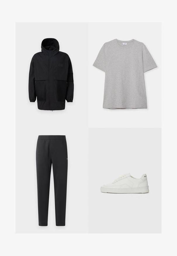 Svart hettejakke laget av lettvektig stoff, med mesh-paneler, en front glidelås og elastiske mansjetter for justerbar passform.; Grå kortermet T-skjorte laget av myk, teksturert stoff. Har en klassisk rund hals og en rett kant, passende for uformell bruk.; Sorte joggebukser laget av myk stoff, med elastisk midjebånd, rette ben og en liten logo detalj på siden.; Hvite lærersneakers med en jevn overflate, rund tå, flate lisser og en teksturert såle. Har en subtil logo på hælen.
