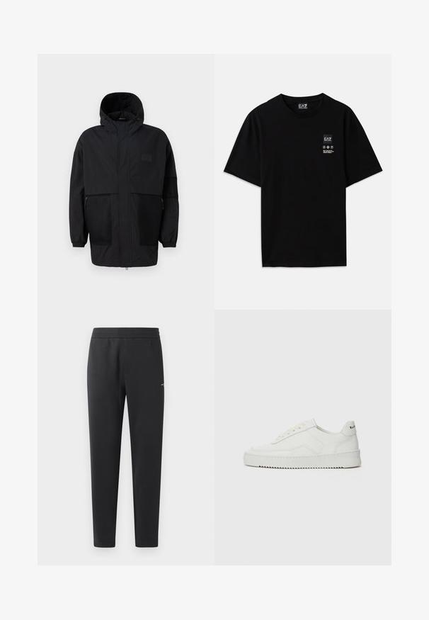 Svart hettejakke laget av lettvektig stoff, med mesh-paneler, en front glidelås og elastiske mansjetter for justerbar passform.; Svart bomulls t-skjorte med kort erm, rund hals og et lite logo-merke foran med pleiesymboler i hvitt.; Sorte joggebukser laget av myk stoff, med elastisk midjebånd, rette ben og en liten logo detalj på siden.; Hvite lærersneakers med en jevn overflate, rund tå, flate lisser og en teksturert såle. Har en subtil logo på hælen.