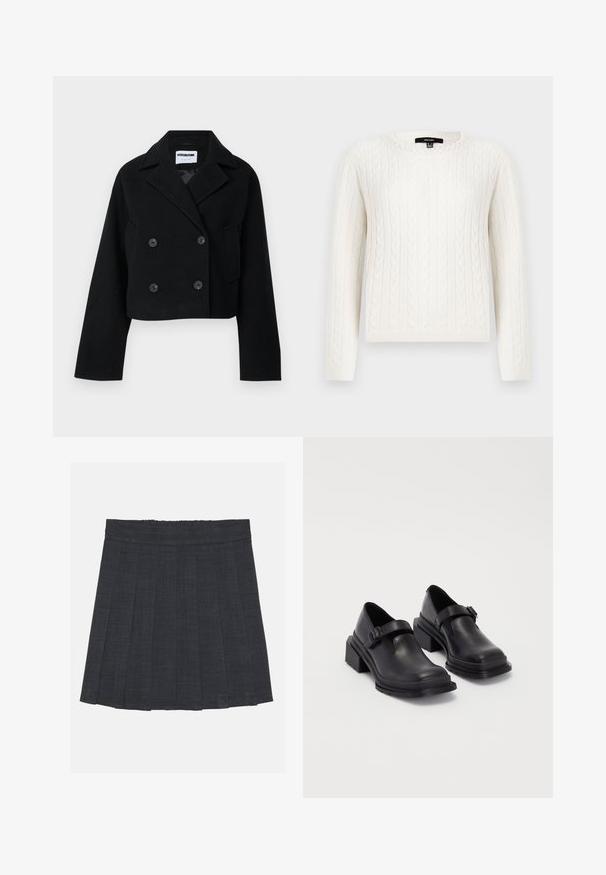 Black cropped double-breasted jacket with notched collar, wide sleeves, two front pockets, and six matching buttons. Smooth texture.; White cable-knit sweater featuring long sleeves, a round neckline, and a decorative pearl accent at the collar. Soft texture and fitted design.; Dark gray pleated skirt with an elastic waistband, featuring a textured fabric and a classic A-line silhouette. Suitable for casual wear.; Black leather shoes with a rounded toe, flat sole, and a strap with a buckle detail. Chunky block heel for added stability.