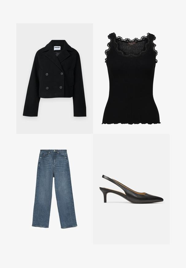 Black cropped double-breasted jacket with notched collar, wide sleeves, two front pockets, and six matching buttons. Smooth texture.; Black ribbed tank top with lace trim at the neckline and armholes. Features a fitted design and scalloped edges for added texture.; Blue denim wide-leg jeans with a textured pattern, five-pocket design, metal button closure, and stitched hems, showcasing a relaxed fit.; Black leather slingback pump with pointed toe and low kitten heel, shown from side on a plain white background.