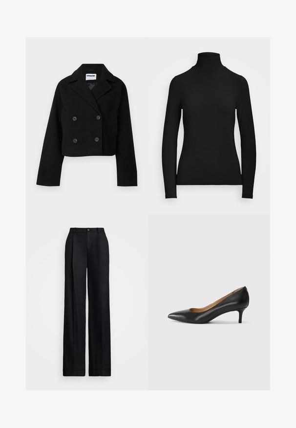 Jachetă neagră cropped cu două rânduri de nasturi, guler cu tăietură, mâneci ample, două buzunare frontale și șase nasturi asortați. Textură netedă.; Top negru cu mânecă lungă și guler înalt, realizat dintr-un material neted. Are un guler înalt și o siluetă ajustată, fără modele sau accente vizibile.; Pantaloni negri cu picioare largi, prezentând un finisaj neted, față plată, bucle pentru curea și un închidere cu un singur buton la talie.; Pantofii din piele neagră au vârful ascuțit, toc mic și o textură netedă. Au o deschidere ușoară în față și un hardware minim în spate.