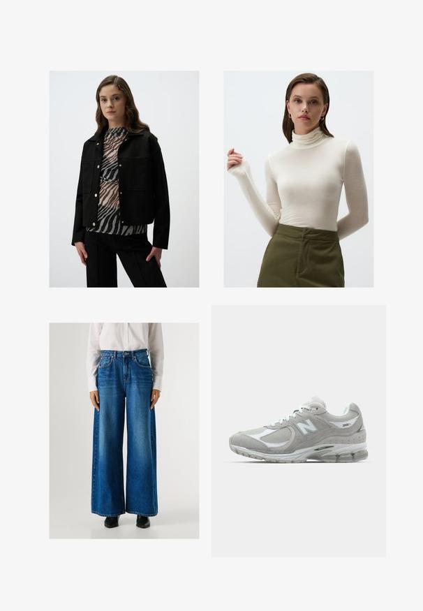 Zwart cropped jasje met gouden drukknoopjes, gecombineerd met een gelaagde top met een zebrapatroon in zwart- en grijstonen. Soepele textuur.; Langsleeve, crèmekleurig coltrui gemaakt van lichtgewicht stof; aansluitend ontwerp met een subtiele glans en verlengde mouwen; gecombineerd met olijfgroene broeken.; Blauwe wijde jeans met een hoge taille, gemaakt van denim, met voorzakken en een knoopsluiting. Soepele textuur met een klassieke wassing.; Lichtgrijze New Balance 2002R sneaker met een bovenwerk van suede en mesh, witte accenten, een gevoerde zool en zichtbare dempingstechnologie.