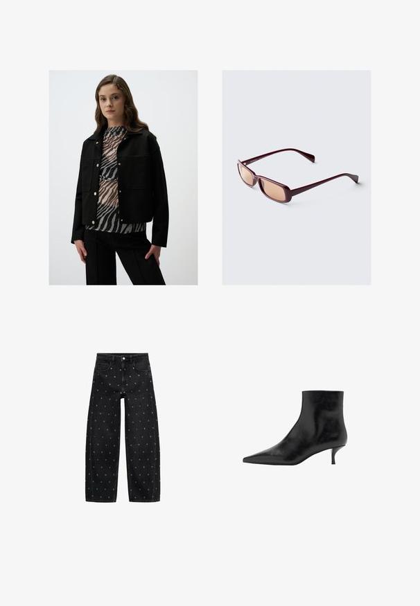 Zwart cropped jasje met gouden drukknoopjes, gecombineerd met een gelaagde top met een zebrapatroon in zwart- en grijstonen. Soepele textuur.; Zwarte geribbelde tanktop gecombineerd met losse blauwe spijkerbroek. De spijkerbroek heeft een klassiek vijf-pocket ontwerp en een knoopsluiting.; Zwarte denim wide-leg jeans met een patroon van kleine zilveren oogjes, met een klassieke vijf-pocket design en een knoopsluiting aan de voorkant.; Zwarte leren enkelboot met een puntige neus, slanke kittenhak en een gladde textuur. Eenvoudig ontwerp, geen decoratieve accenten.; Bordeauxkleurige zonnebril met rechthoekige monturen, gradient lenzen en slanke armen. Het materiaal heeft een gladde, glanzende afwerking.