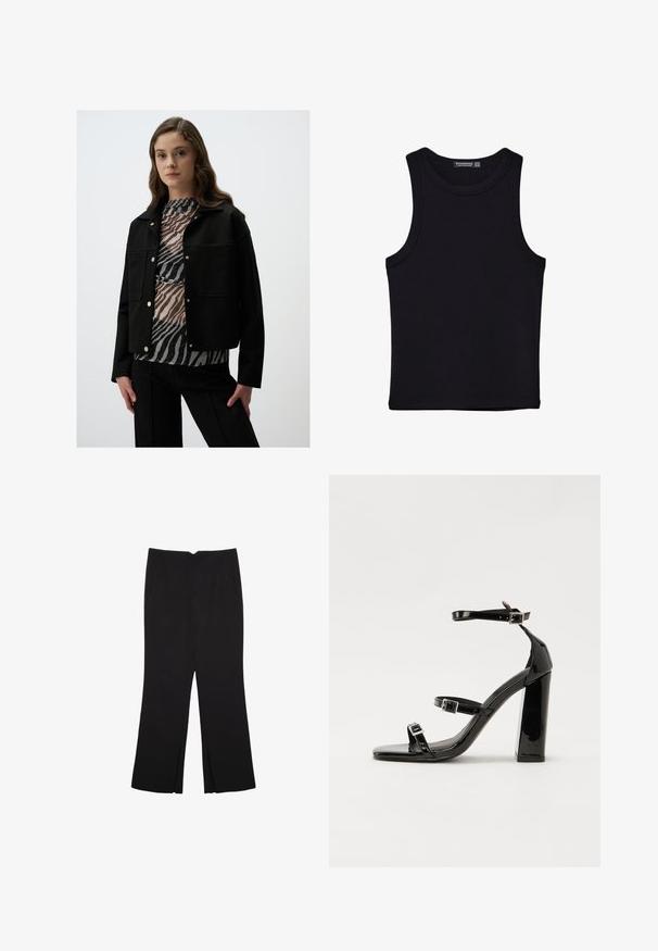 Schwarze, kürzere Jacke mit goldenen Druckknöpfen, kombiniert mit einem mehrlagigen Oberteil im Zebramuster in Schwarz- und Grautönen. Glatte Textur.; Schwarzes Tanktop aus Baumwolle mit rundem Halsausschnitt und weiten Armöffnungen. Glatte Textur mit genähten Säumen. Klassisches, minimalistisches Design.; Schwarze Hose mit geradem Schnitt, ausgestattet mit Fronttaschen und Seitenschlitzen am Saum. Hergestellt aus weichem, glattem Stoff. Geeignet für verschiedene Anlässe.; Schwarze Lackleder-Sandalen mit hohen Absätzen, zwei Riemen mit Schnallen, quadratischer Zehenpartie und klobigem Blockabsatz, mit einer glatten, glänzenden Textur.