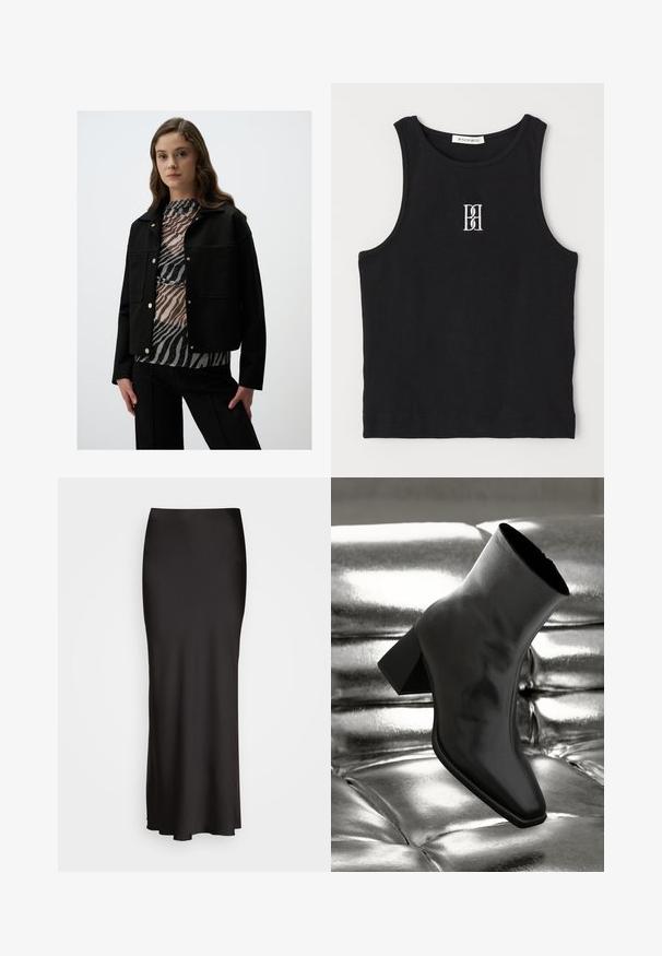Schwarze, kürzere Jacke mit goldenen Druckknöpfen, kombiniert mit einem mehrlagigen Oberteil im Zebramuster in Schwarz- und Grautönen. Glatte Textur.; Schwarzes, geripptes Tanktop mit rundem Ausschnitt und weißem, gesticktem Logo. Es zeichnet sich durch eine taillierte Silhouette und einen sauberen, geraden Saum aus.; Schwarzer, bodenlanger Satinrock mit glatter Textur, tailliertem Bund und A-Linien-Silhouette, ohne sichtbare Verzierungen oder Muster.; Schwarzer Knöchelstiefel aus glänzendem Material mit quadratischer Zehenform und verjüngtem Absatz, vor einem glänzenden silbernen gepolsterten Hintergrund.