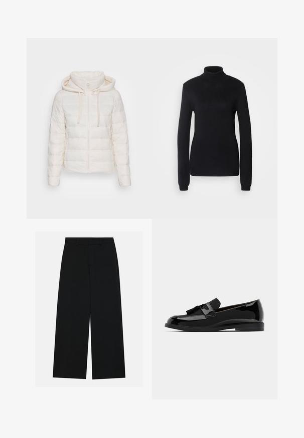 Marc O'Polo Casaco de inverno - white mousse; Suéter de gola alta preto feito de um tecido de malha suave, com mangas longas e uma silhueta ajustada, apresentando um colarinho e bainha canelados.; Calças pretas de perna larga feitas de um tecido suave. Apresentam uma cintura plana com passantes para cinto e sem bolsos visíveis. Design simples.; Mocassins pretos em couro verniz com salto baixo, apresentando um detalhe em franja e superfície lisa, desenhados com um bico arredondado e costura subtil.