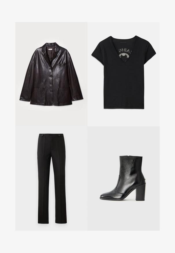 Brun läderblazer med slagkrage, fem knappar, en bröstficka och två framfickor med lappar. Slät textur och avslappnad passform.; Svart kortärmad t-shirt med djup V-ringning, med ett meshpanel och tryckt design på det inre lagret. Mjuk, andningsbar tyg.; Svarta skräddarsydda byxor med rak benprofil, två framfickor, knappstängning och veckdetaljer på framsidan. Slät tygtextur.; Svart läderankelboot med en slät yta, spetsig tå och en kraftig hög klack. Har en sidöppning och ett minimalistiskt design.