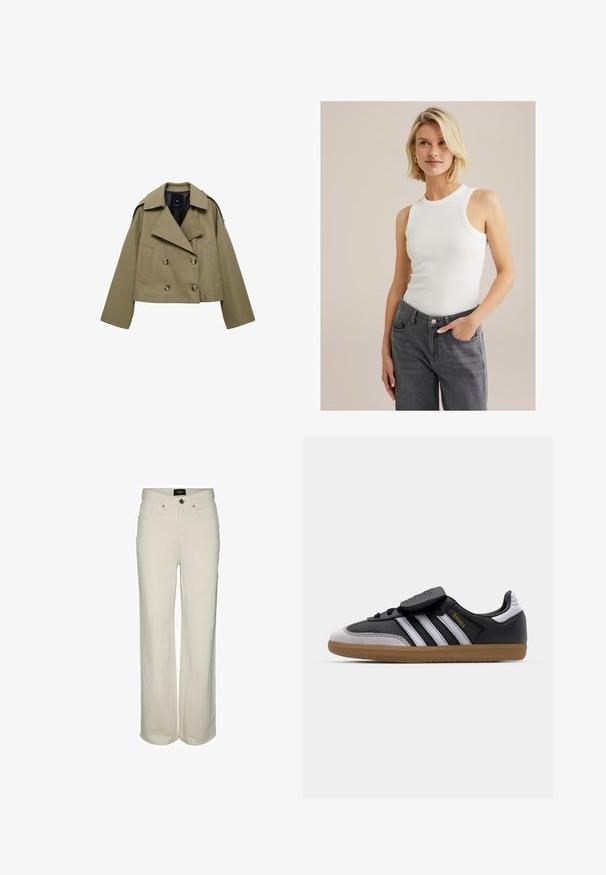 Zkrácená olivově zelená dvouřadá bunda vyrobená z plátna, s velkými knoflíky, širokými klopami a uvolněným střihem.; Bílý bezrukávový žebrovaný top s kulatým výstřihem, zkombinovaný s šedými džíny s vysokým pasem, obsahujícími kapsy a zapínání na knoflík.; Pánské kalhoty z krémové denimové tkaniny s širokými nohavicemi, zapínáním na knoflík a zip, pěti kapsami a jemnými prošívacími detaily. Materiál: bavlna.; Černé kožené a šedé semišové tenisky s bílými pruhy, gumovou podrážkou, šněrováním v přední části a suchým zipem. Značka "Samba" v zlaté barvě.