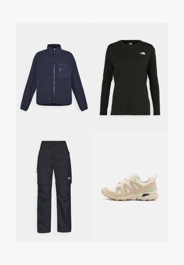 Sötétkék bolyhos dzseki teljes elülső cipzárral, cipzáras mellsz zsebb ek, két oldalsó zseb, és álló gallérral.; Fekete, hosszú ujjú póló pamutból, kerek nyakkal. A bal mellrészen egy kis fehér logó található. Egyszerű dizájn és szabás.; Fekete nylon zipzáras cargo nadrág állítható mandzsettával, több zsebbel és logóval a jobb lábon. Simább, könnyű textúra.; Beige és krém színű sportcipő, texturált hálós felsőrésszel, támogató burkolattal és gumitalppal, amely tapadás érdekében bordázott mintázattal rendelkezik.