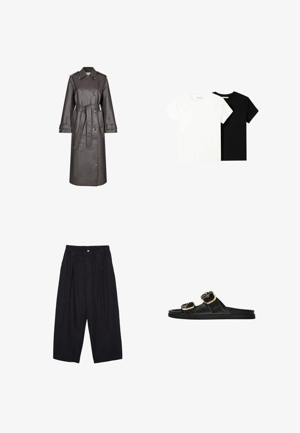Dark brown leather trench coat with double-breasted buttons, wide collar, belted waist, and long sleeves featuring buttoned cuffs.; Two short-sleeve t-shirts, one white and one black, made of cotton. Both feature a round neckline and a simple, classic design.; Black polyester culotte pants with an elastic waistband, two front pleats, and a loose silhouette. No visible patterns or hardware details.; Black slide sandal with two gold buckle accents, smooth textured material, flat sole, and a minimalist design.