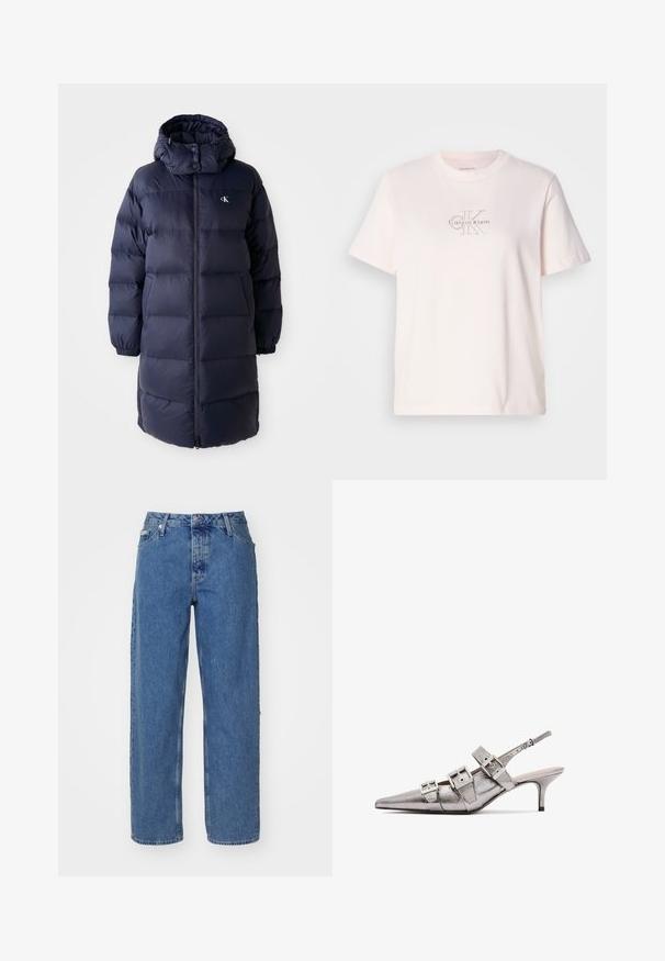 Ναυτικό παλτό με πλούσια υφή, ψηλό γιακά, μακριά μανίκια και μπροστινό φερμουάρ. Περιλαμβάνει επενδεδυμένα τμήματα και λογότυπο στο στήθος. Απαλή υφή.; Απαλή ροζ βαμβακερή μπλούζα ντεκολτέ, με ασημένιο κεντητό λογότυπο "Calvin Klein" και διακριτό σχέδιο "CK" στο στήθος.; Ανοιχτό μπλε τζιν παντελόνι με ψηλή μέση, ίσια γραμμή, πέντε τσέπες και ελαφρώς ξεθωριασμένη υφή. Κλείσιμο με κράκ και κουμπί.; Μεταλλικά ασημί γόνατα στιλέτο με μυτερή μύτη, περιλαμβάνοντας τρεις φαρδιές λωρίδες και τετράγωνα μεταλλικά αγκράφες. Γυαλιστερή υφή και λεπτό τακούνι.