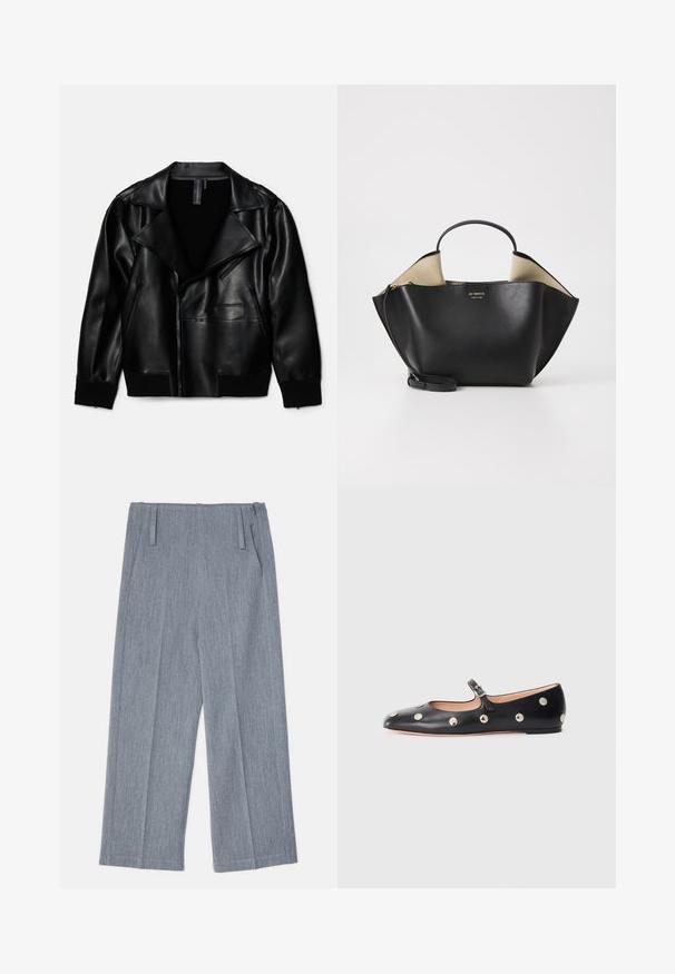 Chaqueta de cuero negra con solapas anchas, cierre de cremallera frontal, dos bolsillos laterales y puños acanalados. Textura suave con un minimalismo en los detalles.; Jersey de cuello alto beige con collar y puños acanalados. Textura suave y corte relajado. Longitud estándar con diseño minimalista.; Pantalones de pierna ancha en gris claro, hechos de una tela texturizada, que presentan dos pliegues frontales y dos bolsillos laterales. Diseño limpio y a medida.; Zapato plano tipo Mary Jane de cuero negro con punta redonda, adornado con tachuelas circulares plateadas y una correa ajustable con hebilla.; Ree Projects ANN TOTE MINI - Bolso de mano - black
