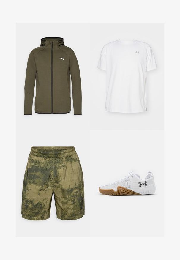 Oliven grønn zip-up hettegenser med høy krage, svarte detaljer og hvitt logo på venstre bryst. Har en glatt, teksturert stoff.; Hvit treningstopp med korte ermer laget av glatt stoff. Har rund hals og grått logo på venstre bryst, med sidesplitter i kanten.; Kamuflasjemønstrede shorts i nyanser av grønt, laget av lett materiale med elastisk midje og en avslappet passform.; Hvite joggesko med mesh-overdel, gummisåle i kamskjellfarge, teksturerte detaljer og en svart logo på siden.