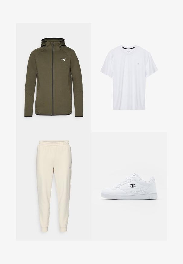 Tumeoliiviroheline tõmblukkidega kapuutsiga sviiter, millel on kõrge kaelus, mustad detailid ja valge logo vasakul rinnal. Omab siledat, tekstuuritud kangast.; Valge ümar kaelusega T-särk, mis on valmistatud puuvillast, lühikeste varrukatega ja vasakus rinnas on väike tikand. Pehme tekstuur.; Heledadbeige joontega dressipüksid, millel on elastne vöökoht, pahkluuni kinnituvad sääred, küljetaskud ja väike logo vasakul reitel.; Valged spordijalatsid, millel on sile sünteetiline pealmine osa, must logo aktsent ja perforatsioonid külgedel. Kummikreen.