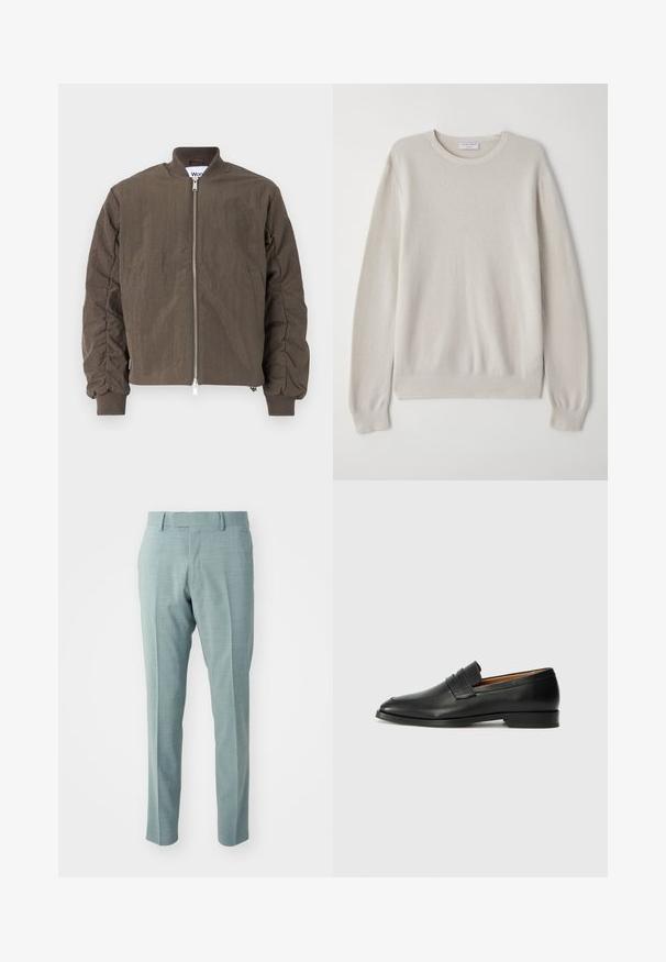 Won Hundred ZAIN - Bombejakke - black olive; Lys beige genser laget av mykt strikket stoff. Rund hals, lange ermer, ribbede mansjetter og nederkant med subtile teksturdetaljer.; Lys blå skreddersydde bukser med en jevn tekstur, smal passform og press foran. Har flat front og beltehefter. Ingen synlige lommer.; Svart skinnloafer med rund tå, subtilt sydd detaljering og lav hæl, med en glatt tekstur og minimalistisk design.