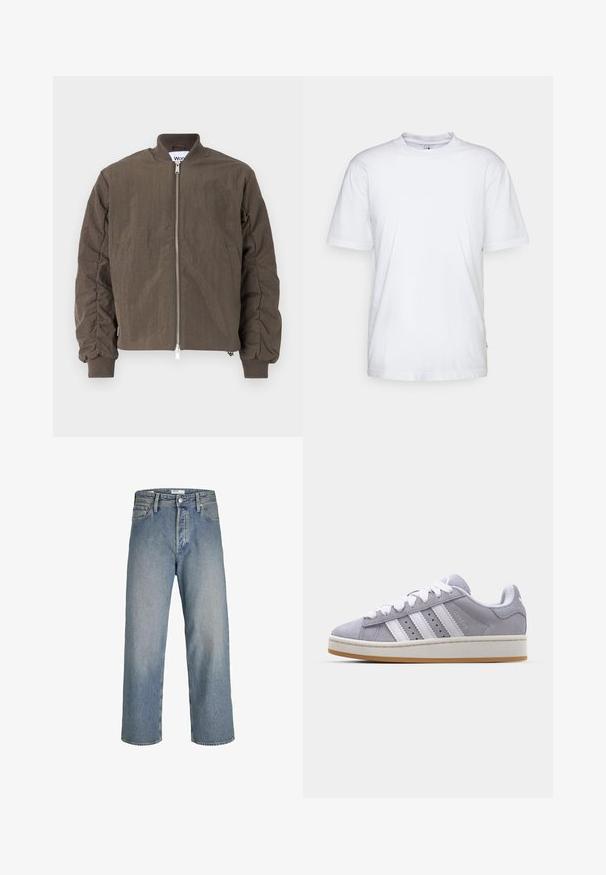 Won Hundred ZAIN - Bombejakke - black olive; Hvit bomull t-skjorte med rund hals, korte ermer og rett kant. Har et lite merke på venstre side av sømmen.; Lys blå denimjeans med løs passform, høy midje og rette ben. Har frontlommer og metallknapplukking.; Grå ruskinn sneakers med hvite striper, rund tå og gummisåle. Har perforeringer på siden og teksturert hæltab.