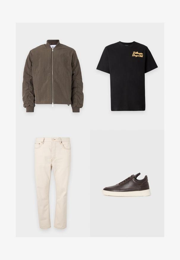 Won Hundred ZAIN - Bombejakke - black olive; Billionaire Boys Club RESORT - T-shirts med print - black; Beige denimjeans med rett ben, med fem lommer, kontraststing og knappelukking i midjen.; Mørkebrun strukturert lær sneakers med snøring foran og hvit, rillet gummisåle på en enkel lys bakgrunn.