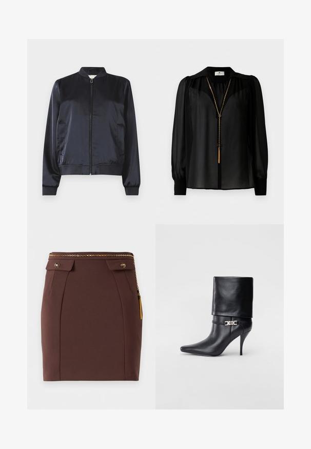 Námornícky saténový bomber s veľmi zipovým zapínaním, rebrovými manžetami a spodným okrajom, a dvoma bočnými vreckami. Hladká textúra a štruktúrovaný dizajn.; Čierna priesvitná blúzka s dlhými rukávmi, širokým golierom a zlatým náhrdelníkom s strapcovým príveskom zaveseným vpredu.; Hnedá priliehavá mini sukňa so zlatým reťazovým opaskom, ozdobnými gombíkovými klapkami a zlatým strapcom na jednoduchom pozadí.; Čierna kožená členková topánka s špicatou špičkou, vysokým ihlovým podpätkom, prehnutým manžetom a zlatým dekoratívnym sponou na členku.