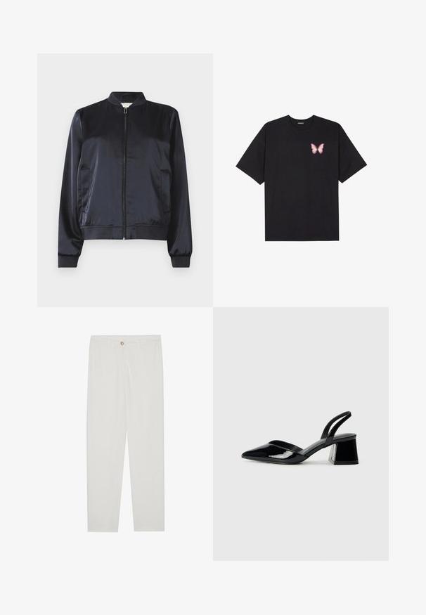 Marineblå satin bomberjakke med glidelås, ribbede mansjetter og nederkant, samt to sidelommer. Glatt tekstur og strukturert design.; Svart bomulls T-skjorte med korte ermer, med en liten rosa sommerfugl grafikk på venstre bryst. Crew-neck design med en avslappet passform.; Hvite, skreddersydde bukser med rette ben, med knapplukking, beltehemper og sidelommer; glatt tekstur.; Svarte patentlær slingback hæler med spiss tå og geometrisk blokk hæl. Har et stilrent, minimalistisk design og jevn tekstur.