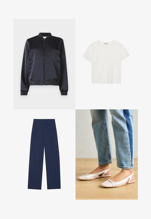 Navy satin bomber jacket with a zip closure, ribbed cuffs and hem, and two side pockets. Smooth texture and structured design.; White short-sleeve T-shirt made of soft cotton. Features a round neckline and relaxed fit. Clean design with no visible patterns or accents.; Navy blue wide-leg pants made of soft fabric, featuring front pleats, a smooth texture, and a straight fit with no visible pockets.; Pale pink slingback flats with a pointed toe, made from a smooth leather-like material. Features cut-out details at the sides and a flat heel.