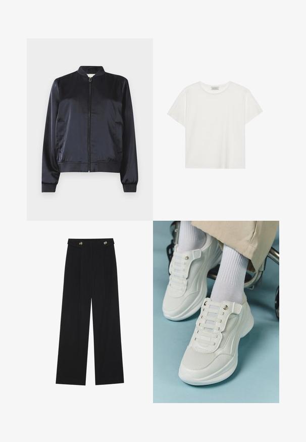 Marineblå satin bomberjakke med glidelås, ribbede mansjetter og nederkant, samt to sidelommer. Glatt tekstur og strukturert design.; Hvit T-skjorte med kort erm laget av myk bomull. Har rund hals og avslappet passform. Rent design uten synlige mønstre eller aksenter.; Svart vide bukser med høy midje, knappdetaljer på midjebåndet og frontplisser.; Hvite sneakers med mesh-materiale, gummisåle, snøret design uten laces og elastiske bånd, samt gulltone detaljer.
