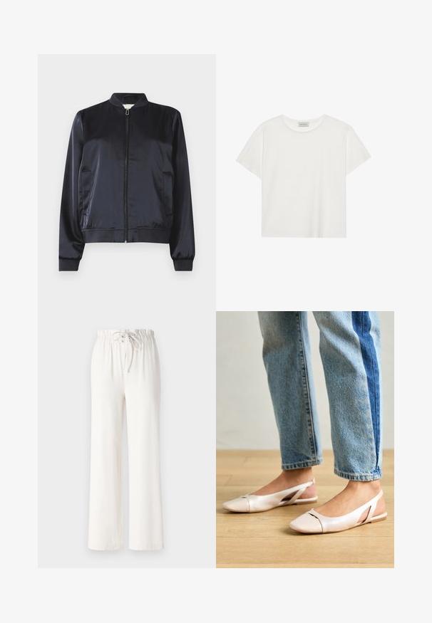 Granatowa satynowa kurtka bomberka z zamkiem błyskawicznym, ściągaczami u rękawów i na dole, oraz dwoma bocznymi kieszeniami. Gładka tekstura i strukturalny fason.; Biała koszulka z krótkim rękawem wykonana z miękkiej bawełny. Posiada okrągły dekolt i luźny krój. Czysty design bez widocznych wzorów czy akcentów.; Białe spodnie w szerokim kroju wykonane z miękkiego materiału, z elastycznym paskiem w talii i gładką fakturą. Brak widocznych wzorów lub ozdób.; Jasnoróżowe baleriny na odkrytej pięcie z wąskim noskiem, wykonane z gładkiego materiału imitującego skórę. Posiadają wycięcia po bokach oraz płaski obcas.