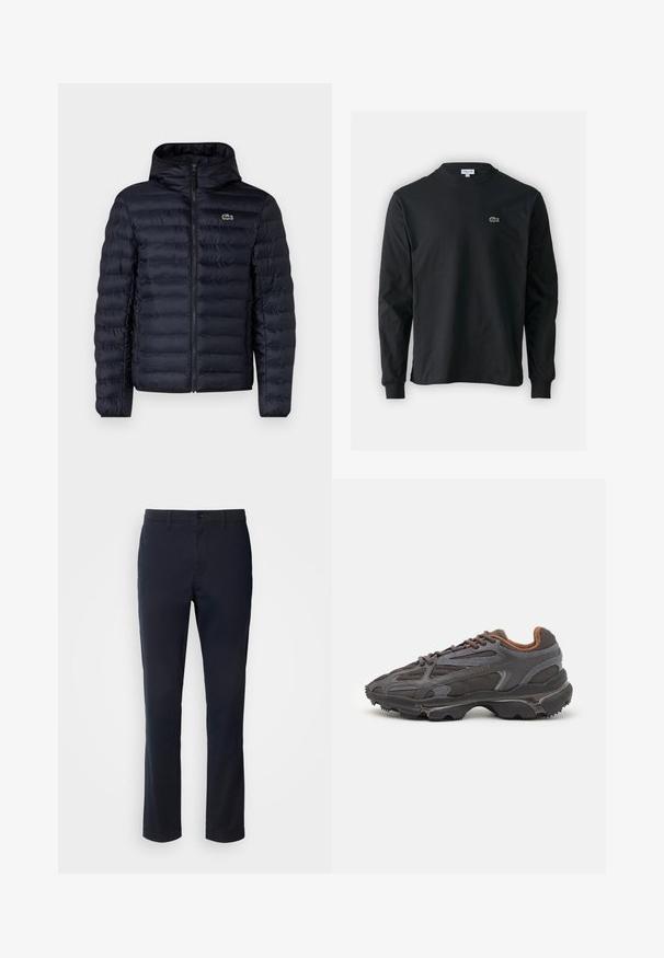 Marineblå polstret jakke med hette, med glidelås i front og elastiske mansjetter. Strukturert finish med horisontal søm og logo-detall.; Svart langermet T-skjorte laget av bomull, med rund hals og en liten grønn brodert krokodillelogo på venstre bryst.; Navy blå bukser laget av glatt stoff, med rett ben-design, beltehemper og knappelukking med glidelås.; Lacoste-sneakers i mørkegrått med mesh- og syntetisk materiale, med en teksturert såle og brune detaljer på kragen og merket.