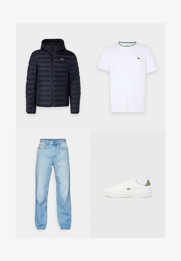 Geacă pufoasă bleumarin cu glugă, prevăzută cu fermoar frontal și manșete elastice. Finisaj texturat cu coasere orizontale și un accent cu logo.; Tricou alb din bumbac cu mânecă scurtă, cu guler ribbed, având dungi verzi și negre; mic logo brodat verde pe partea stângă a pieptului.; Blugi de culoare albastru deschis din denim, cu croială dreaptă, design cu cinci buzunare și o deschidere cu buton vizibil cu cusături contrastante.; Adidași albi cu o textură fină, având un accent verde la călcâi și un mic logo brodat al unui crocodil pe lateral.