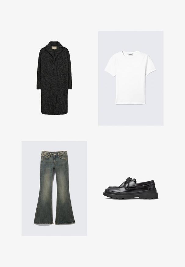 Black textured long coat with a notched collar and open front. Features plush fabric for warmth and a relaxed silhouette.; White short-sleeve t-shirt made of cotton, featuring a round neck and a straight hem. Minimalist design with no visible patterns or accents.; Flared denim jeans in a faded blue color with a classic five-pocket design, featuring a slight texture and visible stitching accents.; Black leather boat shoes with a rounded toe, lace-up design, stitched accents, and a chunky rubber sole featuring a textured grip pattern.