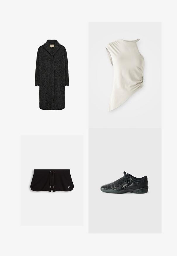 Must have tekstuuriga must pikk jakk, millel on lõhikuga krae ja avatud esiosa. Omab pehmet kangast sooja hoidmiseks ning mugavat siluetti.; Asümmeetriline ilma varrukateta topp heledast beežist kangast, millel on ümmargune kaelus ja külgedel volangid, mis lisavad tekstuuri.; Mustad mustad pehmest kangast lühikesed püksid, millel on kummipaelaga vöökoht, külgedel lõhud ja ees väike brodeeritud logo.; Must musta spordijalats, millel on kohandatud õmblustega disain, ümar varvas, kinnitusköidik ja kummitald. Küljel on peen brändimine.