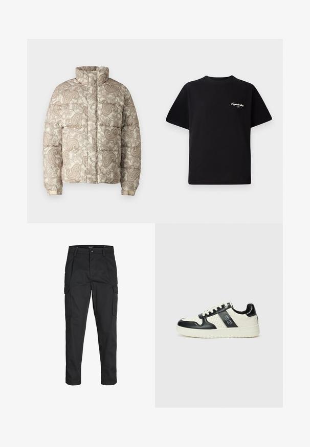 Padded bunda s vysokým límcem, s krémovým a světle hnědým paisley vzorem. Materiály vypadají jako prošívané a mají žebrované manžety pro pohodlí.; Černé bavlněné tričko s kulatým výstřihem, krátkými rukávy a malým bílým logem na levé straně hrudi. Jednoduchý design, klasický střih.; Černé cargo kalhoty vyrobené z odolné tkaniny, s mnoha kapsami, knoflíkovým zapínáním a slim fit střihem se zúženými nohavicemi.; Kožené tenisky s černobílou barevnou kombinací, které mají perforované detaily, polstrovaný límec a texturovanou podrážku.