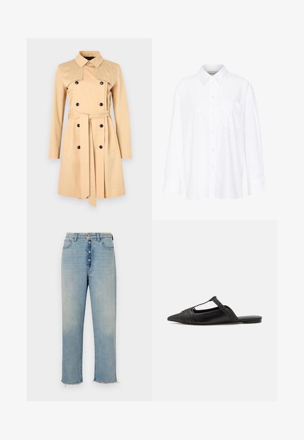 Beige trenchcoat med dobbeltknaplukning, bred krave og matchende bælte. Lavet af et glat stof med lange ærmer og lommer.; Hvid langærmet skjorte med krave lavet af bomuld. Har en knaplukning fortil og en enkelt brystlomme. Glat tekstur, afslappet pasform.; Lysblå denim jeans med høj talje, fem-knaps lukning og en rå kant. Har baglommer og en afslappet lige pasform.; Sort læderslyngeback sko med spids tå, der har en vævet detalje og en plisseret overdel. Flad sål med minimal hardware.