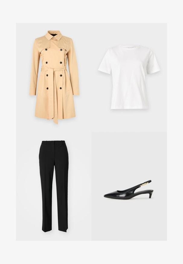 Béžový trenčkot s dvojitými knoflíky, širokým límcem a odpovídajícím pásem. Vyrobeno z hladké látky s dlouhými rukávy a kapsami.; Bílý bavlněný tričko s krátkým rukávem, kulatým výstřihem a volnějším střihem. Hladká textura, bez vzorů nebo akcentů, minimalistický design.; Černé kalhoty na míru se střihem do rovna, které mají hladkou texturu a ostré sklady na přední straně. Bez viditelného kování.; Černé kožené boty na podpatku s otevřenou patou a špičatou špičkou, s tenkým podpatkem a zlatým akcentem na nastavitelném pásku. Hladký povrch.