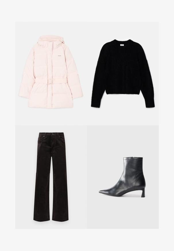 Padded rosa Jacke mit hohem Kragen, verstellbarem Kapuzen, tailliertem Schnitt und dezentem Logo-Detail. Glattes, leichtes Material mit einem gesteppten Design.; Schwarzer, kurzer Pullover aus plüschigem Material. Mit einem runden Ausschnitt und langen Ärmeln mit einer weichen Textur. Minimalistisches Design, keine Muster.; Schwarze Cordhosen mit weitem Bein und hoher Taille, ausgestattet mit zwei vorderen Taschen und einem Knopfverschluss. Glatte Textur mit vertikalen Rillen.; Schwarze Lederstiefelette mit spitzer Zehe und schlankem Design. Verfügt über einen niedrigen Absatz und einen Reißverschluss hinten. Glatte Textur.