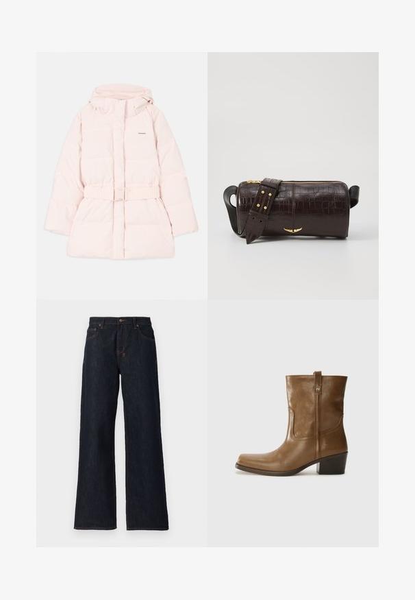 Padded pink jacket with a high collar, adjustable hood, belted waist, and subtle logo detail. Smooth, lightweight fabric with a quilted design.; Black tank top with thin spaghetti straps, made of a ribbed fabric, featuring a straight cut and a label at the neckline reading "IVY OAK."; Dark blue wide-leg jeans made of denim, featuring orange stitching, two front pockets, and a button closure at the waistband.; Brown leather ankle boot with a square toe, textured finish, and a low stacked heel. Features a rear pull tab and subtle stitching details.; Brown crocodile-embossed leather bag with a cylindrical shape, gold-tone hardware, and a detachable strap featuring studs.