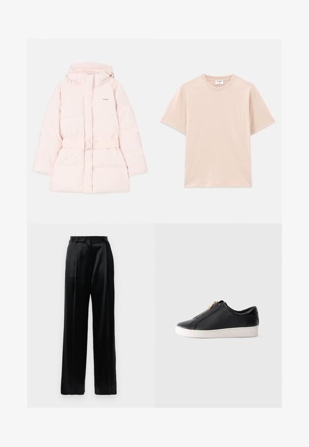 Vaaleanpunainen pehmustettu takki, jossa on korkea kaulus, säädettävä huppu, vyötärönauha ja huomaamaton logotunnus. Sujuva, kevyt kangas, jossa on tikattu malli.; Lyhythihainen t-paita vaaleanbeige, pehmeää puuvillaa. Pyöreä kaula-aukko, rento malli, suora helma ilman kuvioita tai grafiikkaa.; Mustat korkeavyötäröiset satiinihousut, joissa on suorat leveät lahkeet, vyölenkit ja litteä etulukko vaalean valkoista taustaa vasten.; Musta matalavartinen nahkasneaker valkoisella pohjalla ja kultaisella vetoketjulla, sivuprofiili, minimalistinen tyyli yksinkertaisella taustalla.